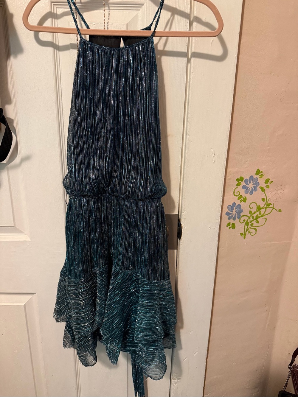 Metallic Teal Pleated Midi Dress